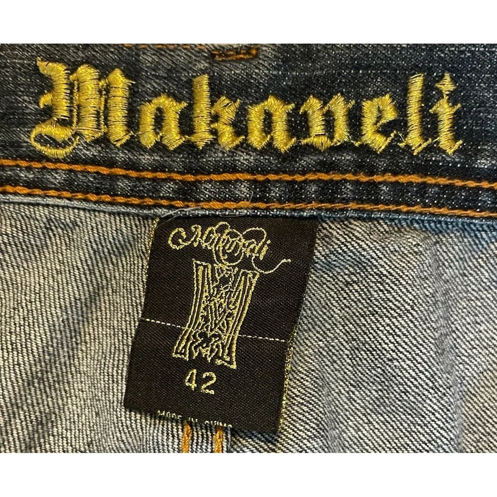 Makaveli Jeans Mens 42x31 Blue Denim Embroidered Pockets Baggy‎ Hip Hop